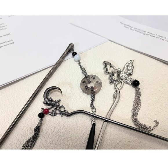 6 Pcs Vintage Chinese Hair Sticks for Buns Floral Butterfly Moon Tassels Women main image 4